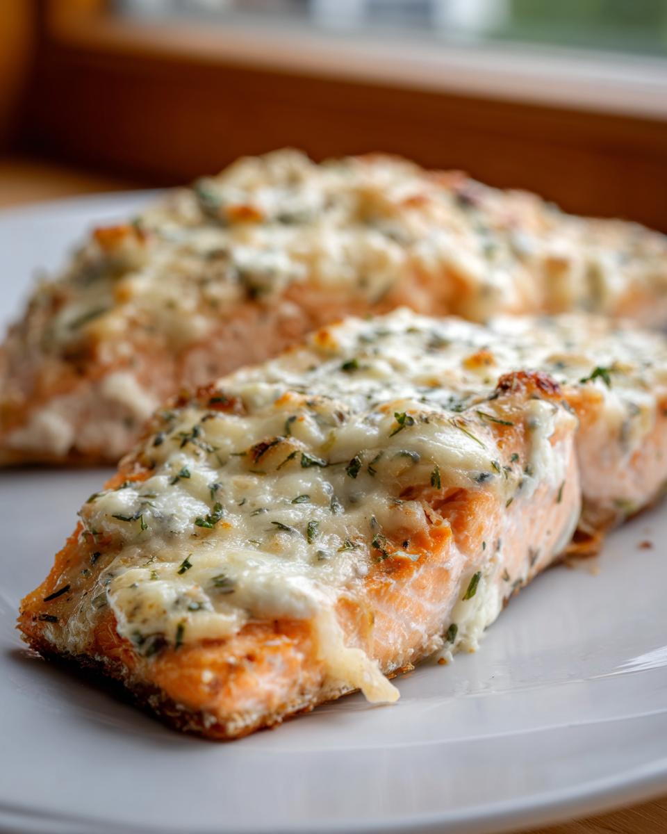 Two fillets of baked Boursin salmon topped with melted cheese and herbs on a white plate.