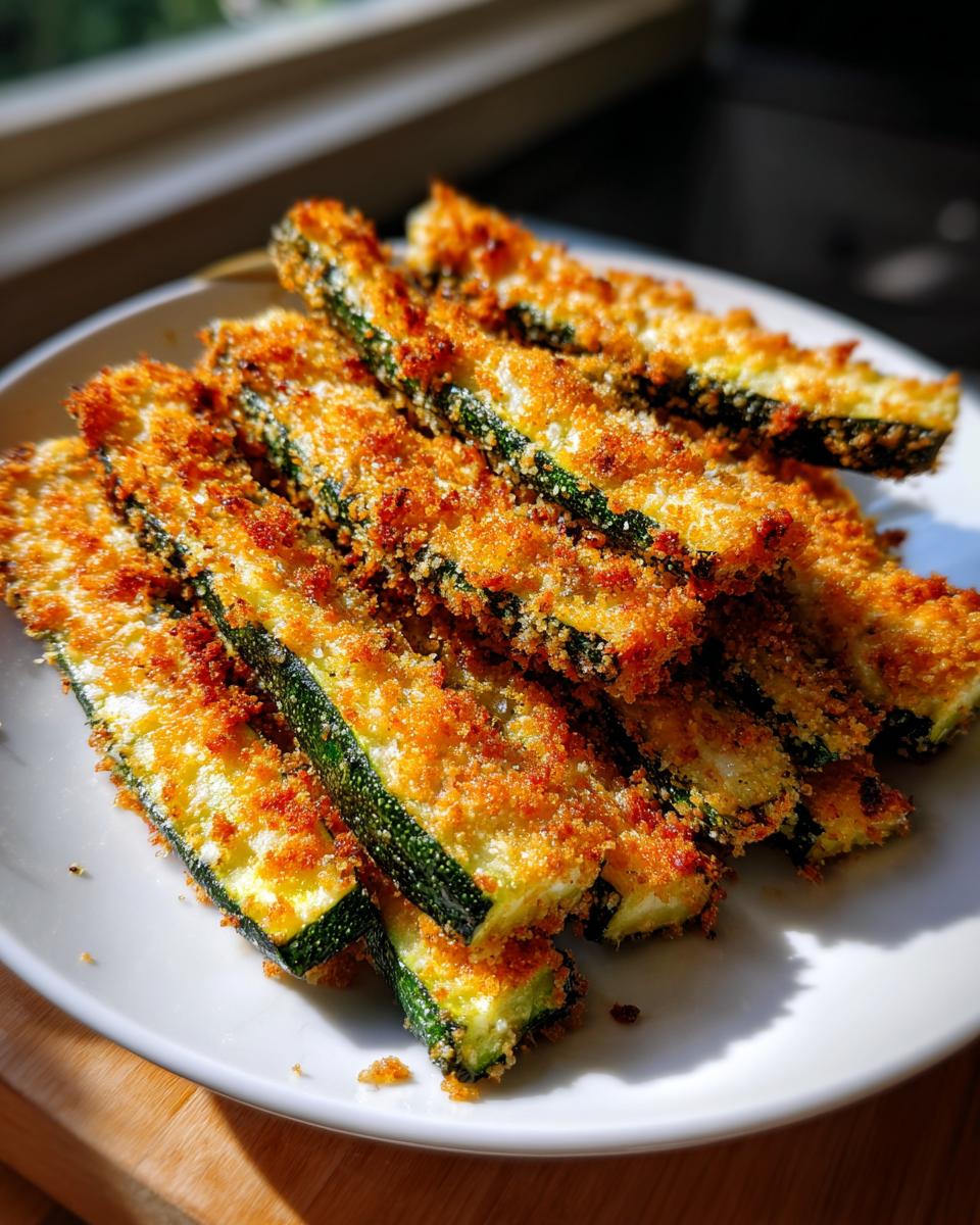 A close-up shot of crispy baked Parmesan zucchini fries on a white plate, ready to be enjoyed.
