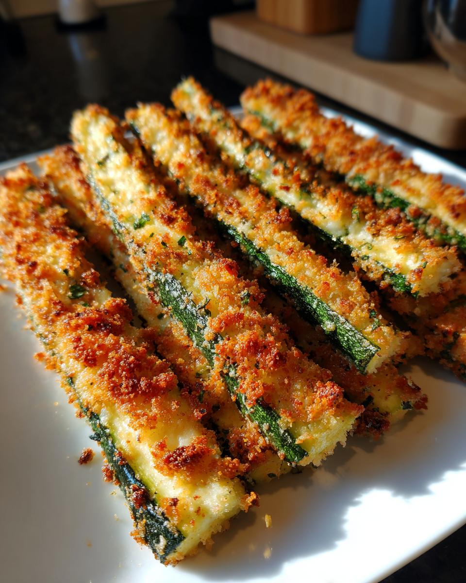 Close-up of crispy baked parmesan zucchini fries on a white plate, golden brown and seasoned.