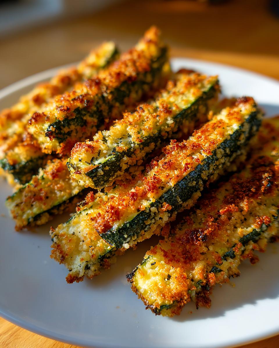 Close-up of crispy baked Parmesan zucchini fries on a white plate, golden brown and seasoned.