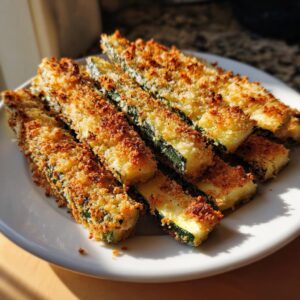Close-up of golden-brown Baked Parmesan Zucchini fries on a white plate, ready to be enjoyed.