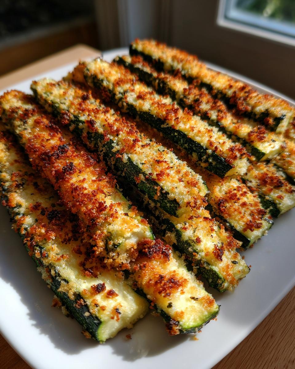 Close-up of crispy baked parmesan zucchini sticks on a white plate, ready to be eaten.