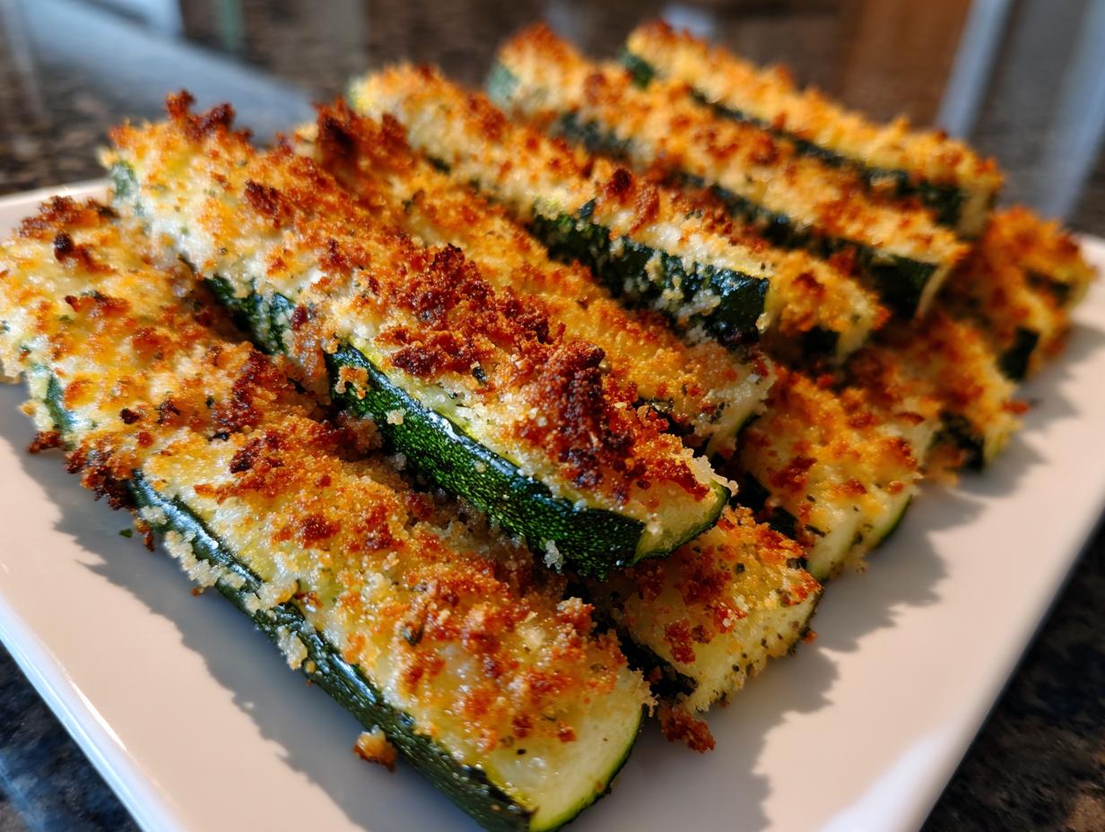 Close-up of crispy baked Parmesan zucchini sticks arranged on a white plate, showcasing their golden-brown coating.