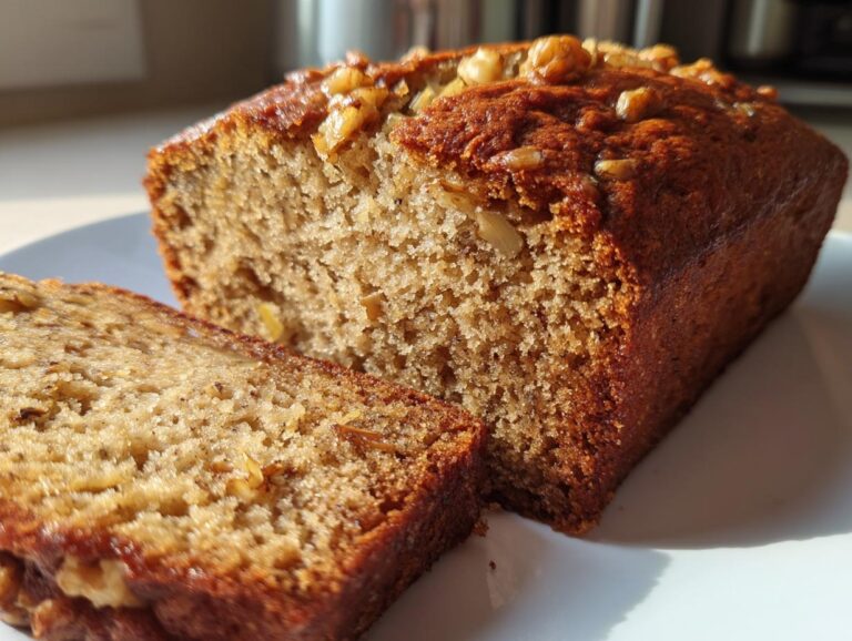 A slice of moist banana zucchini bread topped with walnuts, showcasing its tender crumb.
