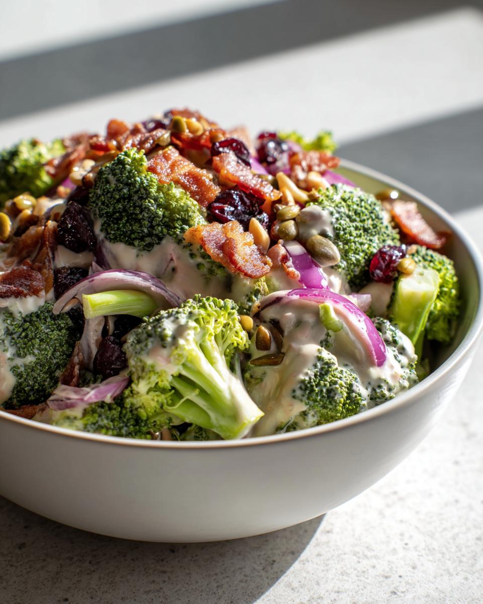 A close-up of the best broccoli salad, featuring fresh broccoli florets, crispy bacon, red onion, dried cranberries, and sunflower seeds, all tossed in a creamy dressing.