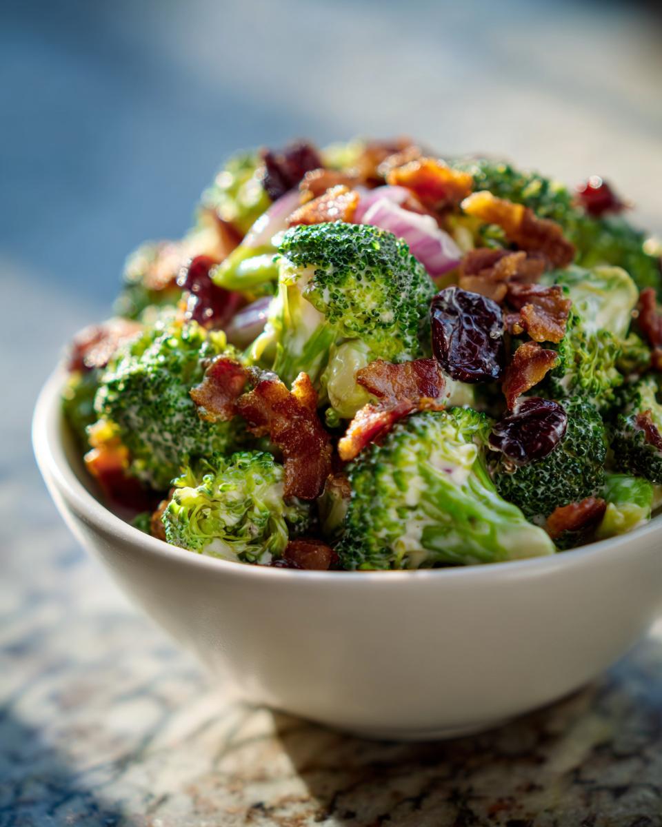 Close-up of the best broccoli salad, featuring fresh broccoli florets, crispy bacon bits, dried cranberries, and red onion in a creamy dressing.