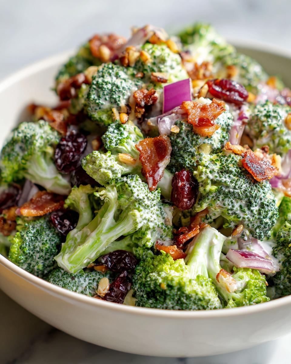 Close-up of the best broccoli salad with creamy dressing, topped with bacon, dried cranberries, red onion, and nuts.