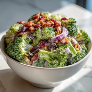 A close-up of the best broccoli salad in a white bowl, featuring fresh broccoli florets, creamy dressing, bacon bits, dried cranberries, red onion, and sunflower seeds.