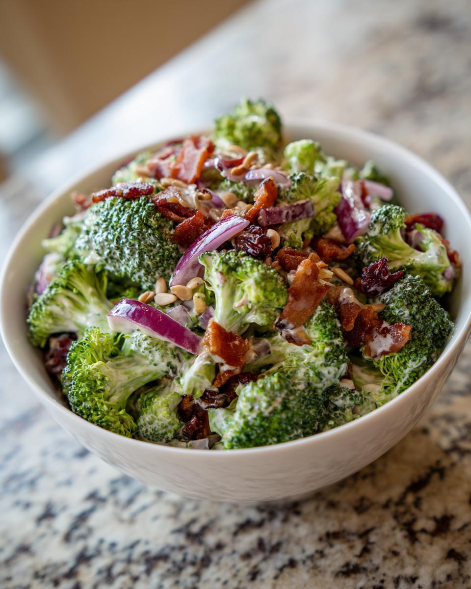 Close-up of the best broccoli salad, featuring fresh broccoli florets, crispy bacon, red onion, and a creamy dressing.