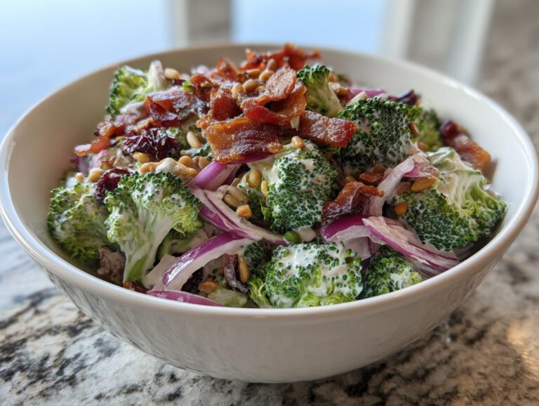A close-up of the best broccoli salad, featuring fresh broccoli florets, crispy bacon, red onion, and a creamy dressing.