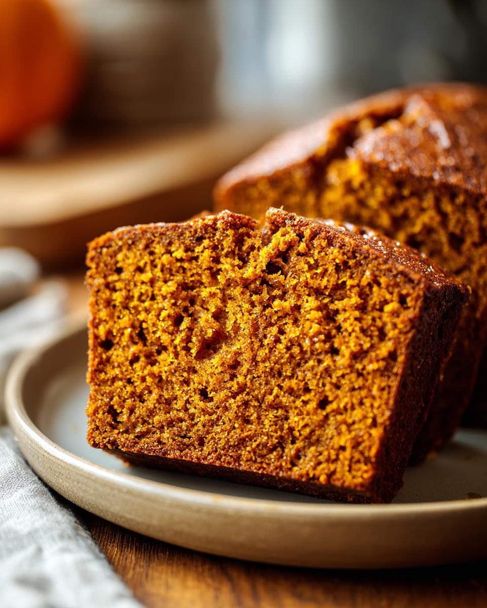 Close-up of a moist slice of the best pumpkin bread on a rustic plate, showcasing its fluffy texture.