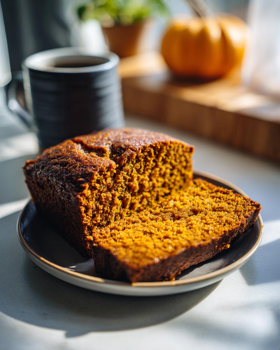A close-up of the best pumpkin bread, with one slice cut and placed on a plate next to the loaf.