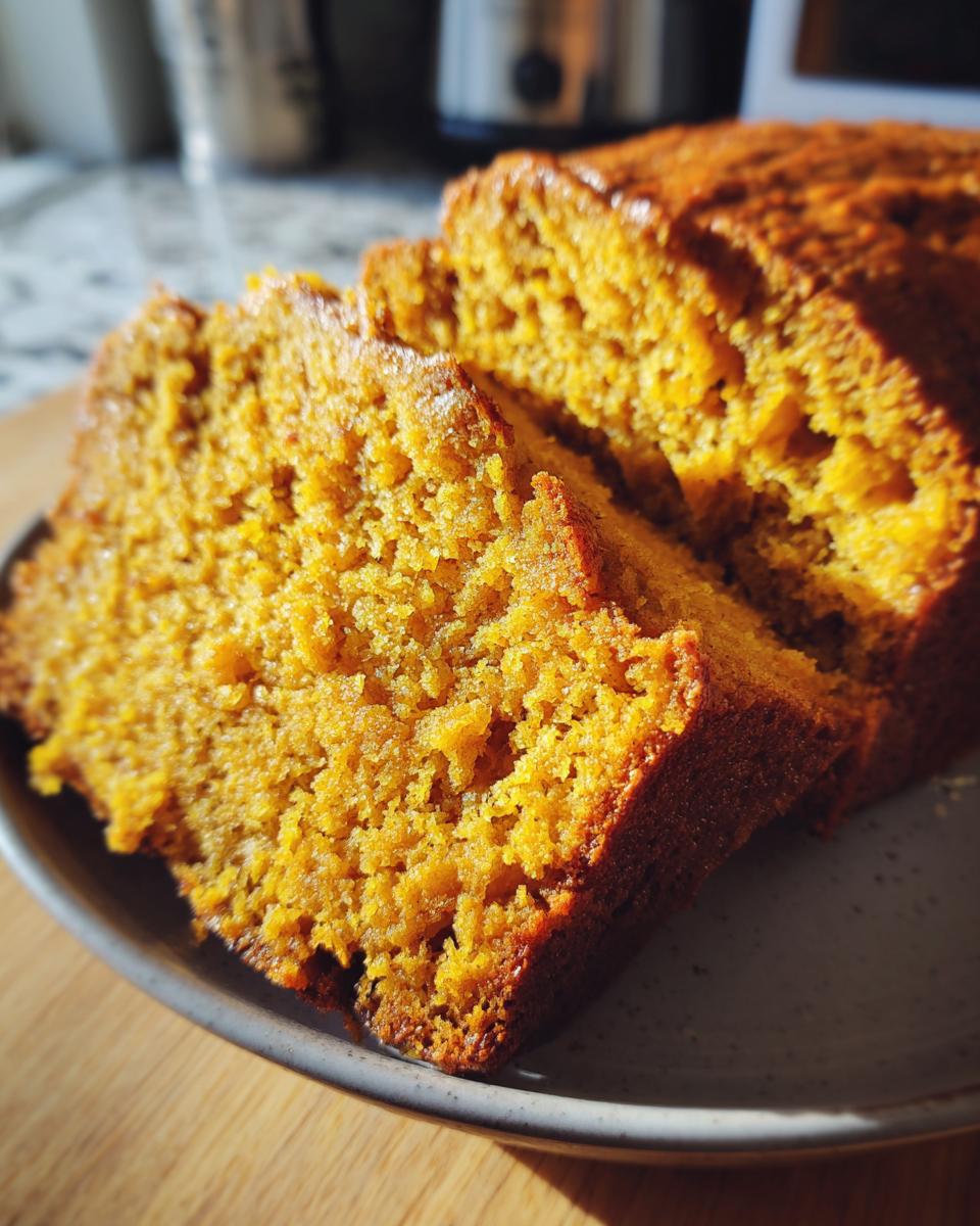Close-up of a moist slice of the best pumpkin bread, showcasing its vibrant orange color and tender crumb.