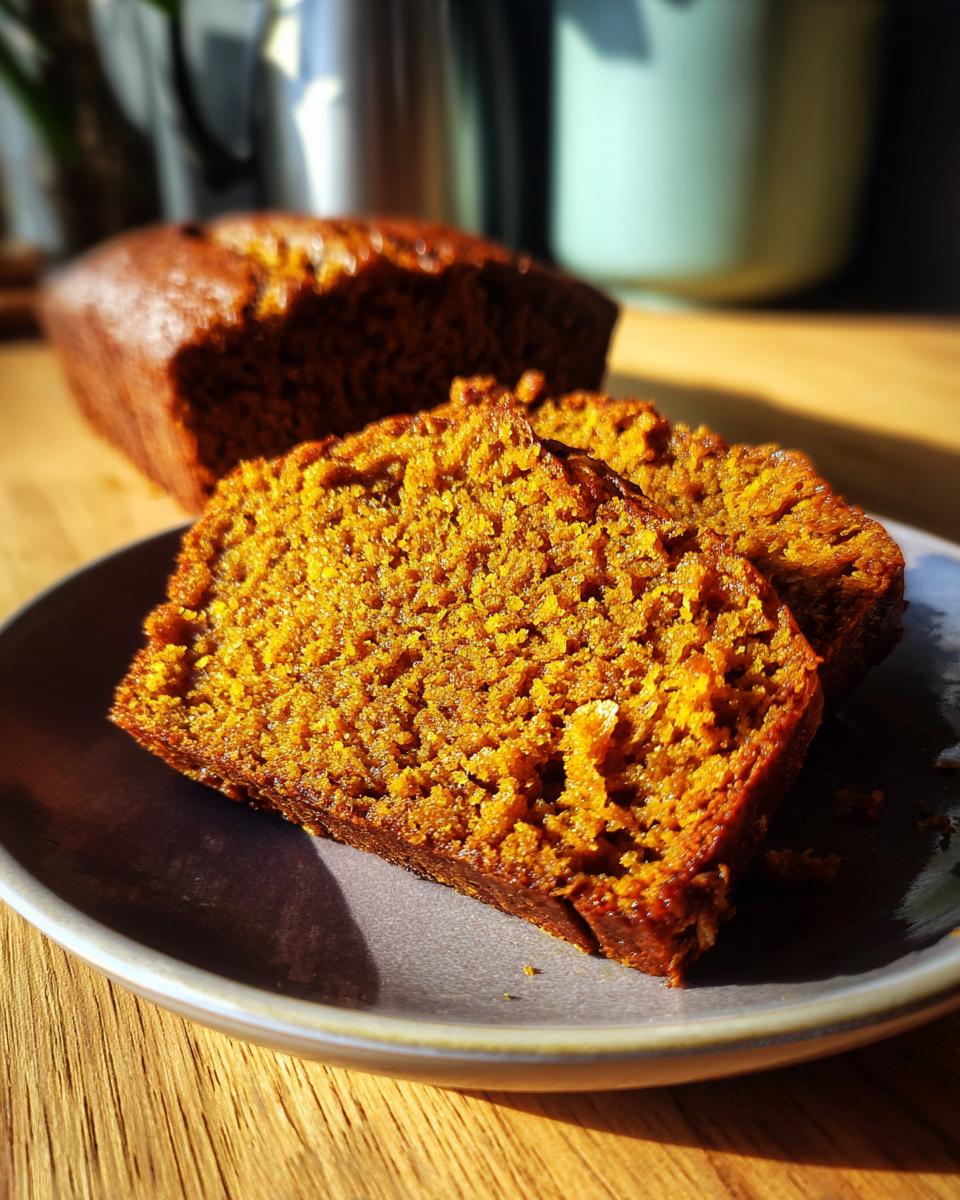 Close-up of two moist slices of the best pumpkin bread on a gray plate, with the rest of the loaf blurred in the background.