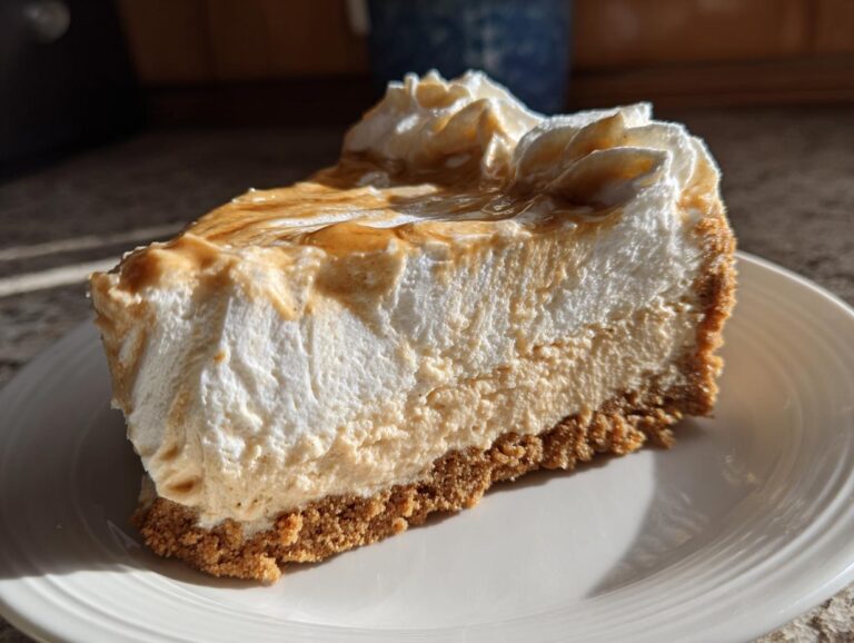 A slice of creamy Biscoff cheesecake on a white plate, topped with whipped cream and caramel drizzle.