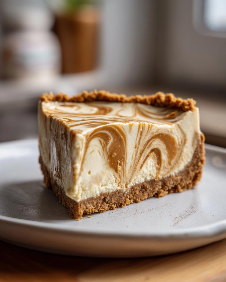 A slice of creamy Biscoff cheesecake with a graham cracker crust and caramel swirls.