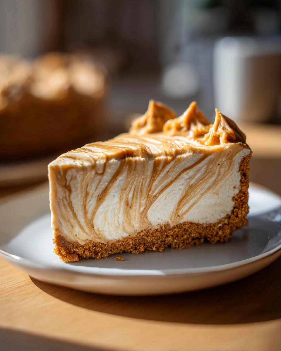 A slice of creamy Biscoff cheesecake with a swirled Biscoff topping and a graham cracker crust.
