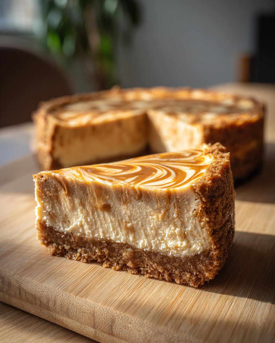 A slice of creamy Biscoff cheesecake with a graham cracker crust and caramel swirls on top.