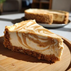 A slice of creamy Biscoff cheesecake with caramel swirls on a wooden board, with the rest of the cheesecake in the background.