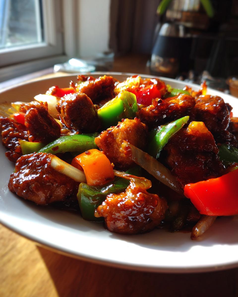 A close-up of tender pieces of Black Pepper Chicken stir-fried with vibrant green and red bell peppers and onions.