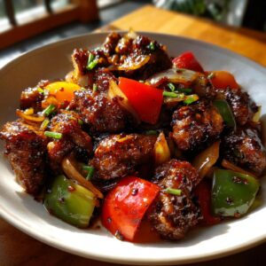 A close-up of glistening Black Pepper Chicken pieces mixed with colorful bell peppers, onions, and garnished with chives.