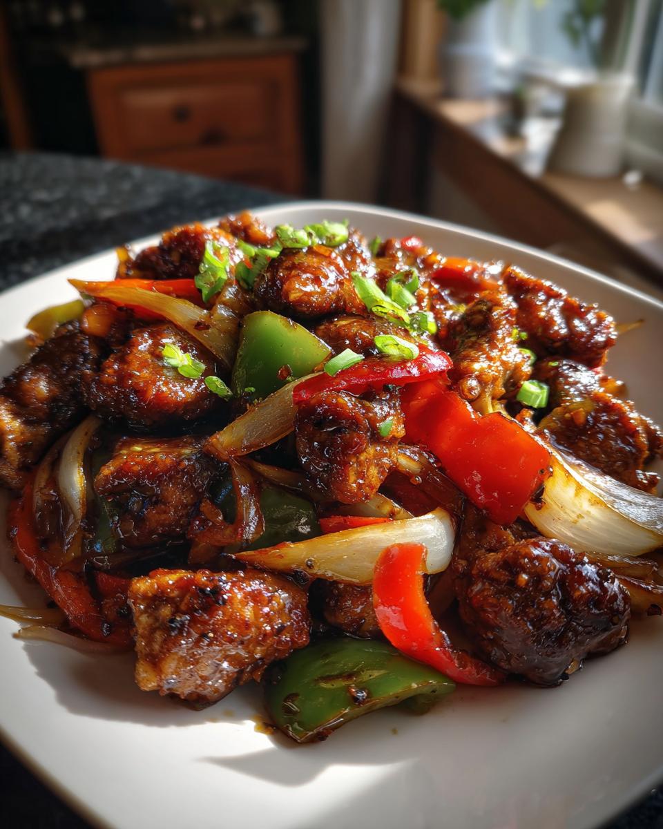 A close-up of a white plate filled with glistening Black Pepper Chicken, mixed with colorful bell peppers and onions, garnished with chopped green onions.