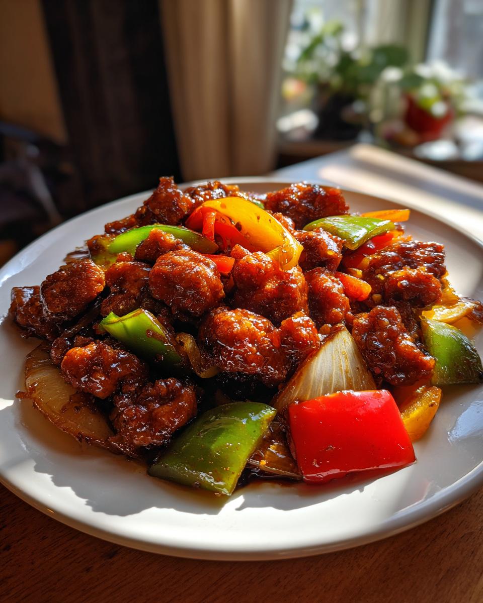 A close-up of glistening Black Pepper Chicken pieces mixed with colorful bell peppers and onions on a white plate.