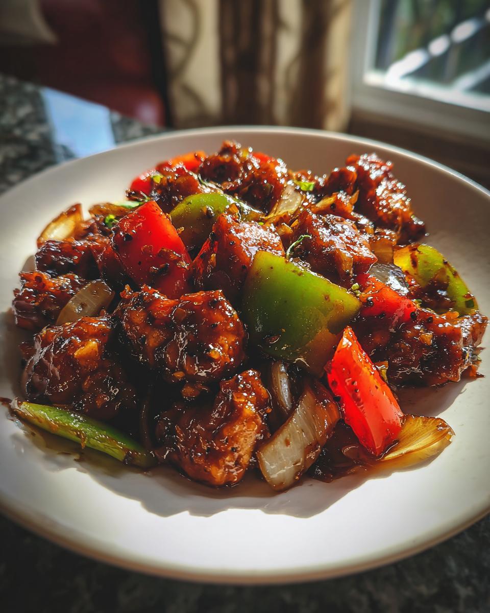 A close-up of a plate of Black Pepper Chicken, featuring glossy chicken pieces with red and green bell peppers and onions.