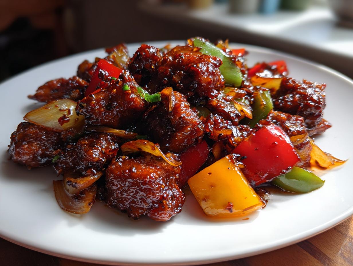 A close-up of glistening Black Pepper Chicken pieces mixed with colorful bell peppers and onions on a white plate.