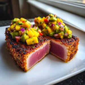 A beautifully seared Blackened Tuna Steak, cut in half, topped with fresh mango and avocado salsa.