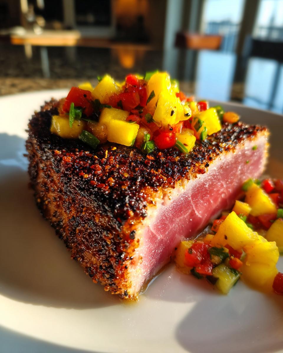 A perfectly cooked Blackened Tuna Steak, seared on the outside with a pink, flaky interior, topped with fresh mango salsa.