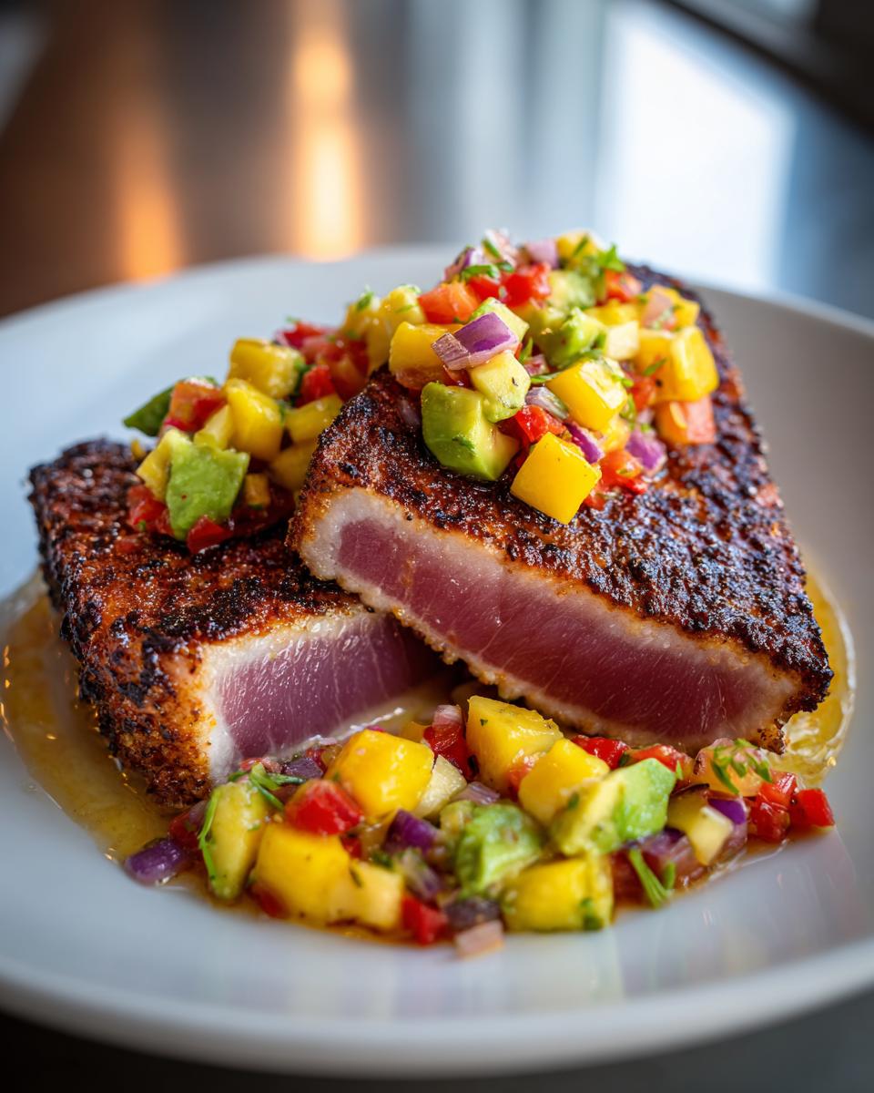 Close-up of a perfectly cooked Blackened Tuna Steak, sliced to reveal a pink, juicy center, topped with fresh mango avocado salsa.