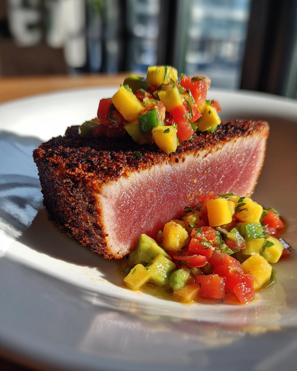 A perfectly cooked blackened tuna steak served with a fresh mango and avocado salsa.