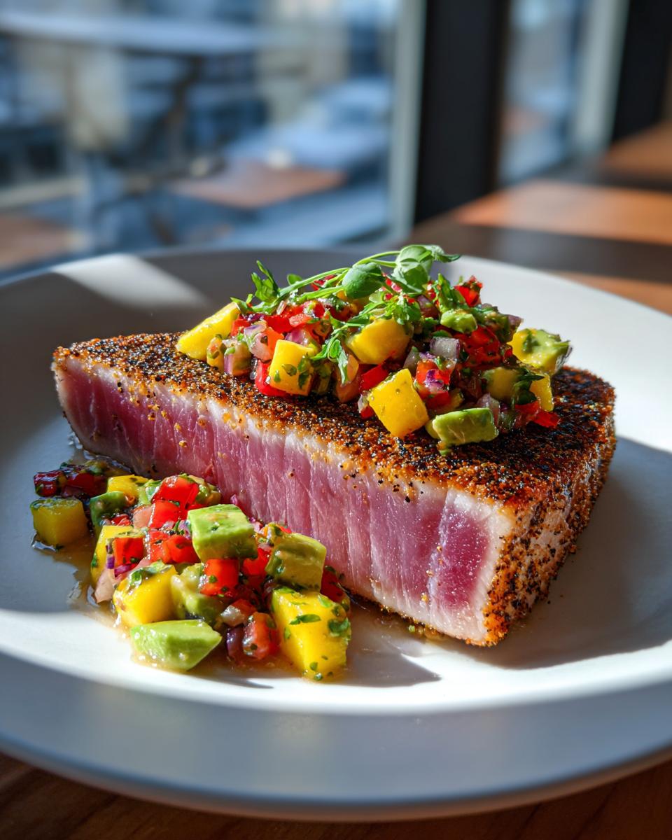 A perfectly cooked blackened tuna steak topped with a fresh mango avocado salsa.