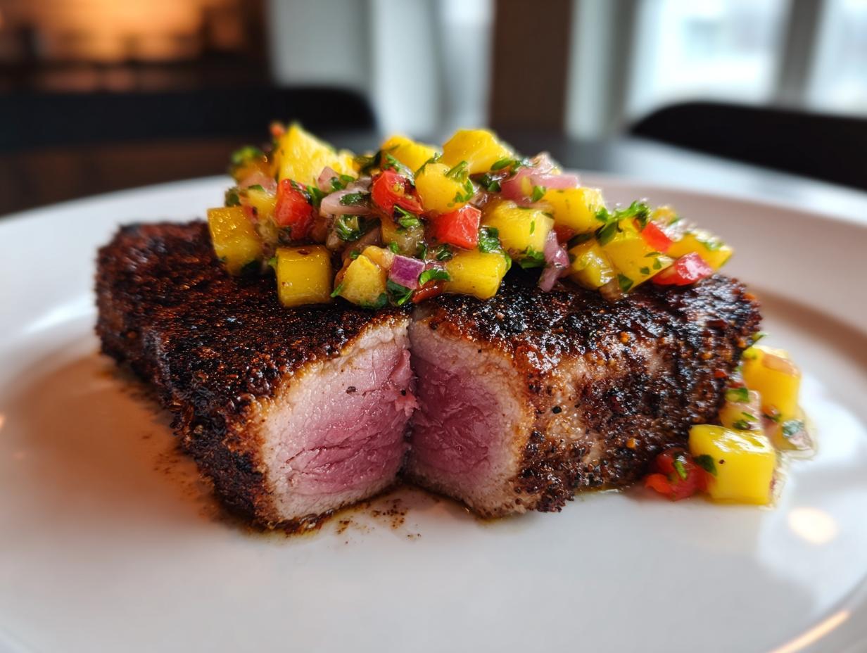 A perfectly cooked Blackened Tuna Steak, cut in half, topped with a vibrant mango salsa.