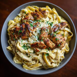 A close-up of a bowl of Cajun chicken Alfredo pasta, featuring fettuccine noodles coated in creamy Alfredo sauce and topped with seasoned grilled chicken pieces and parsley.