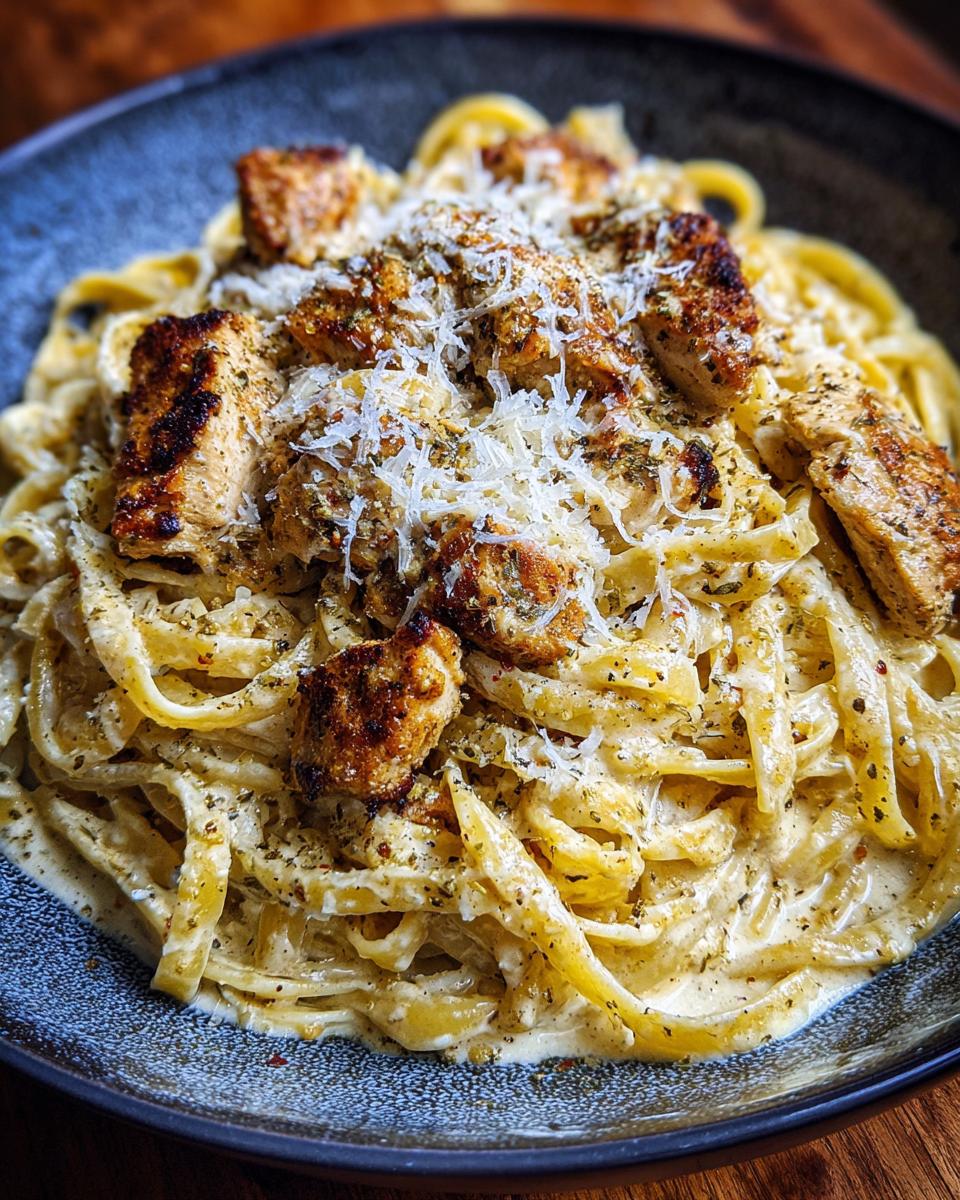 A close-up of a bowl of Cajun chicken Alfredo pasta, featuring fettuccine noodles in a creamy sauce topped with seasoned chicken pieces and grated Parmesan cheese.