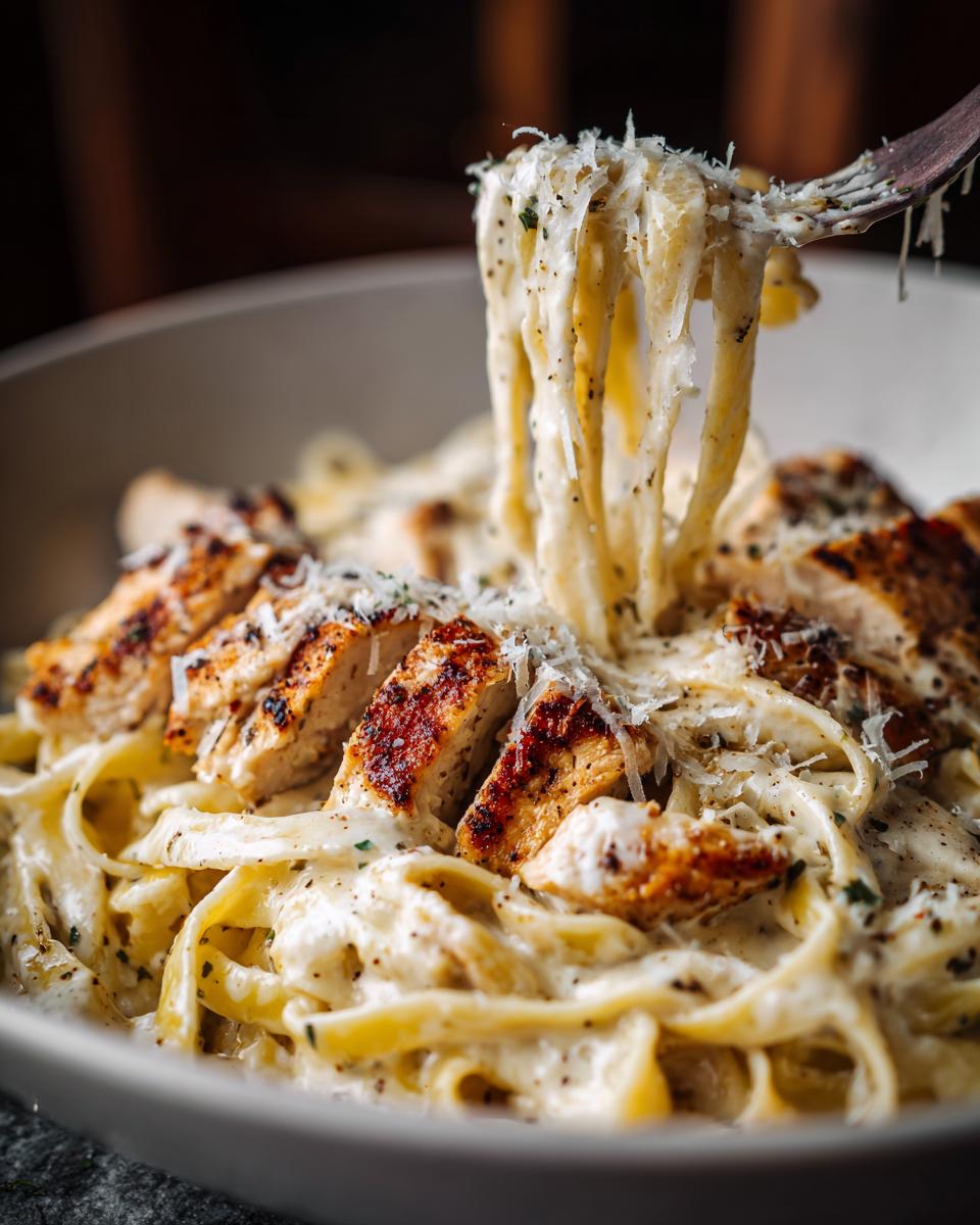 A close-up of Cajun chicken Alfredo pasta, with fettuccine noodles coated in creamy Alfredo sauce and topped with sliced grilled chicken.