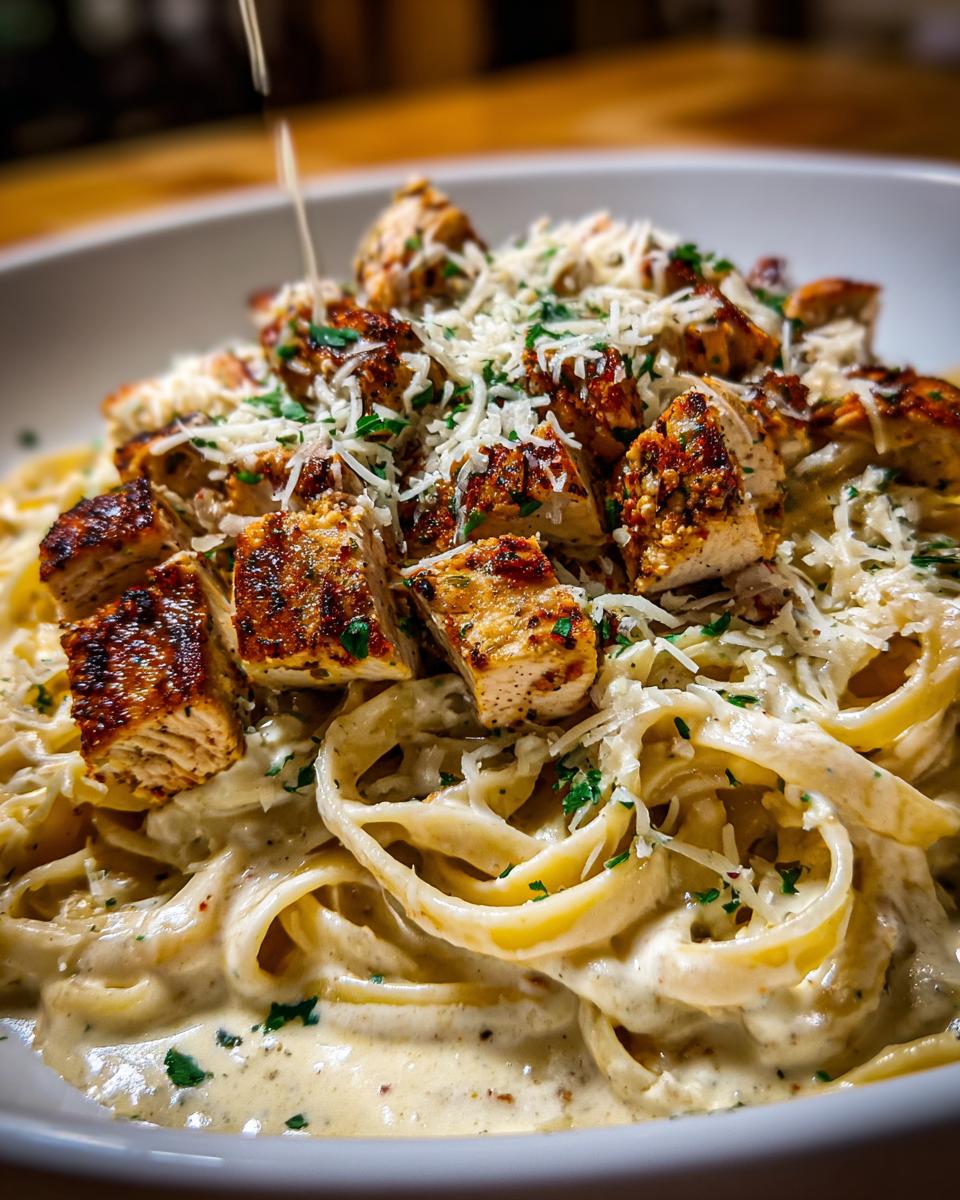 A close-up shot of Cajun chicken Alfredo pasta, featuring fettuccine noodles coated in creamy sauce, topped with seasoned chicken pieces and grated Parmesan cheese.