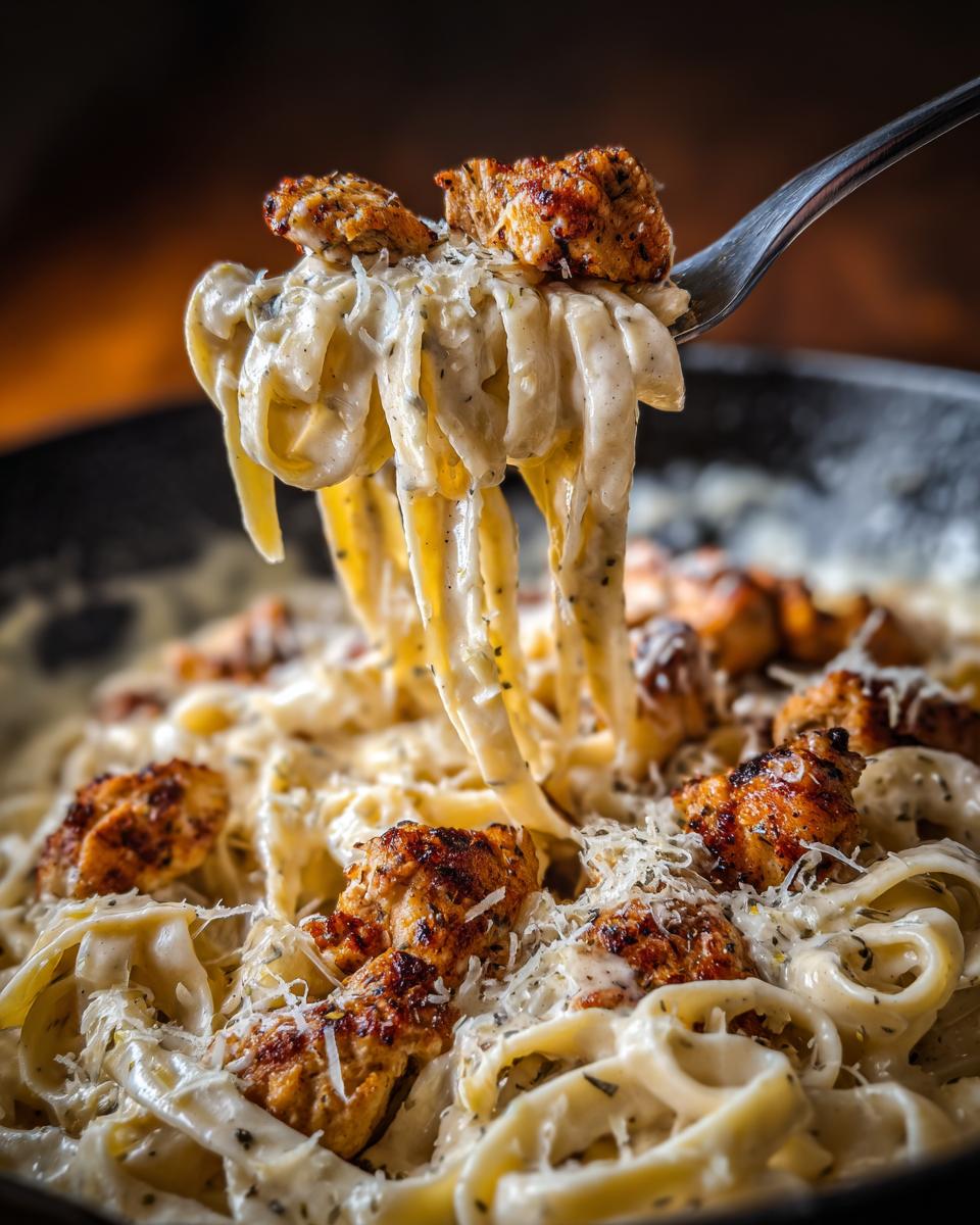 A fork lifts a portion of creamy Cajun chicken Alfredo pasta, topped with seasoned chicken pieces and grated Parmesan cheese.