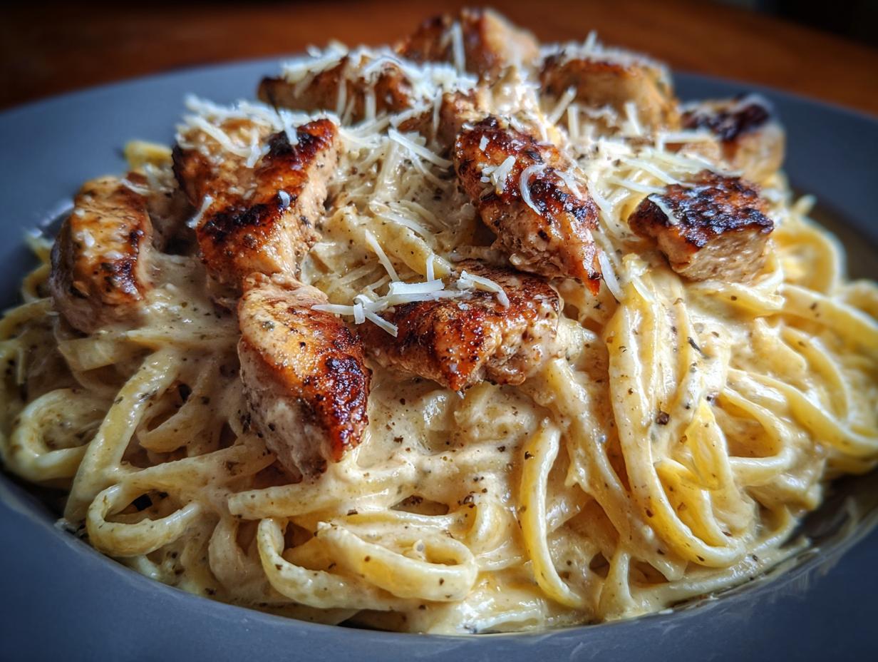 A close-up shot of creamy Cajun chicken Alfredo pasta topped with seasoned chicken pieces and grated Parmesan cheese.
