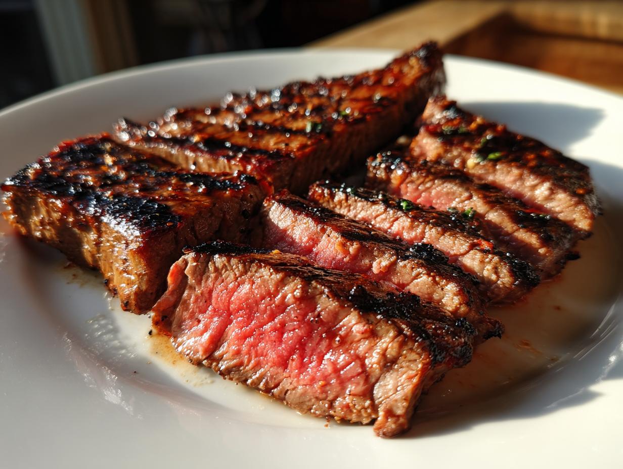 Close-up of perfectly grilled steak slices, showcasing a vibrant pink interior and char marks, prepared with carne asada marinade.