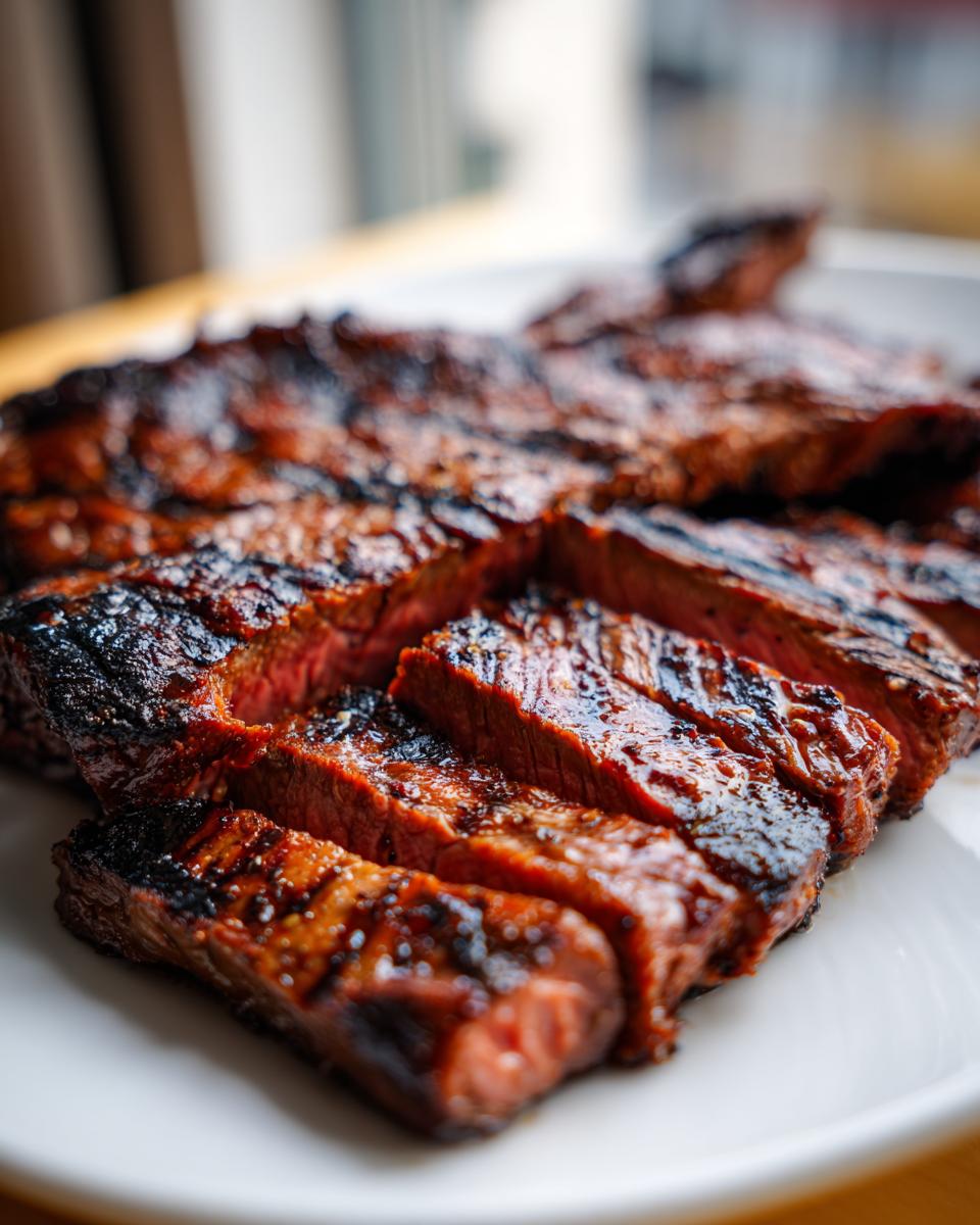 Close-up of sliced steak with a rich, dark marinade, showcasing the juicy interior and grilled exterior. Perfect for carne asada marinade.