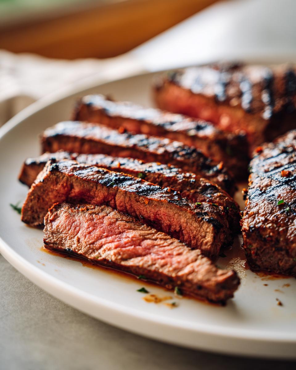 Close-up of perfectly grilled carne asada steak slices, showcasing a juicy pink interior and char marks from the grill.