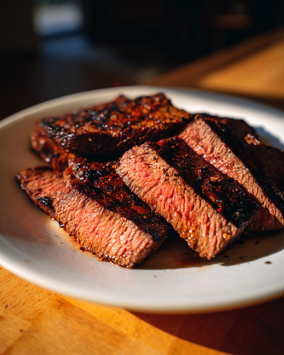 Close-up of sliced steak, showcasing the juicy interior and seasoned crust from the carne asada marinade.