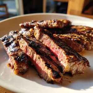 Close-up of perfectly grilled carne asada marinade steak, sliced and fanned out on a white plate, showing a medium-rare pink center.