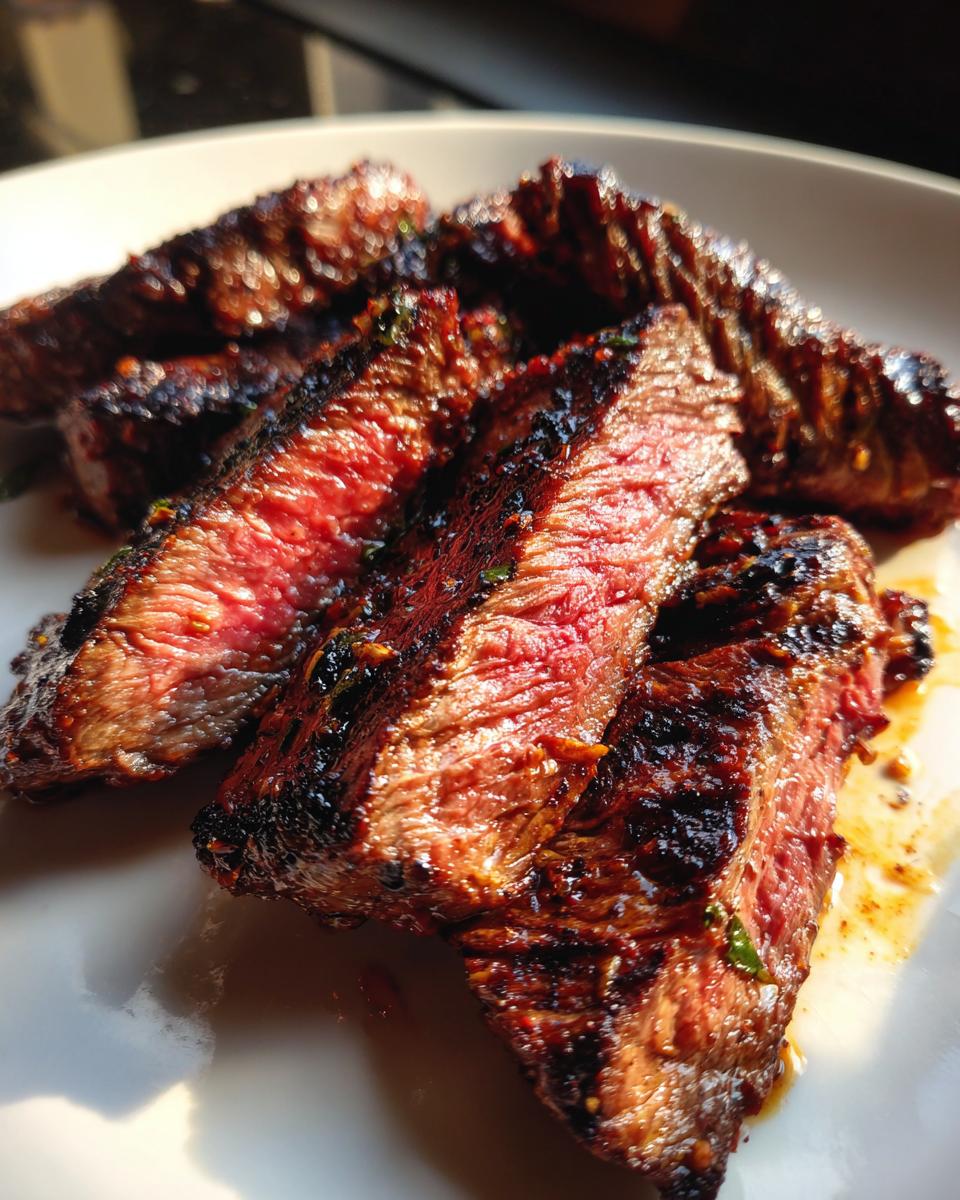 Close-up of perfectly cooked carne asada steak slices, showcasing the juicy red interior and charred exterior from the carne asada marinade.