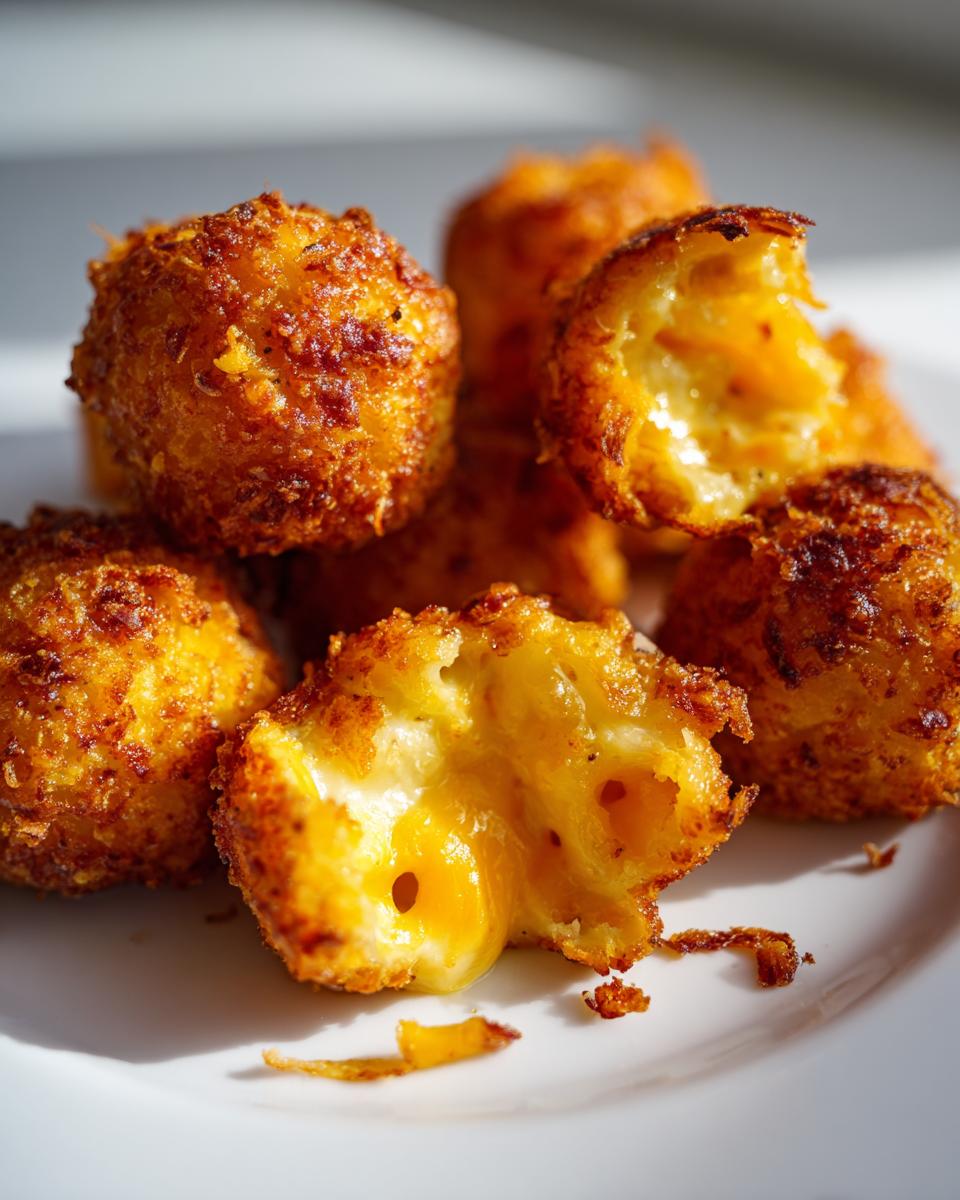 Close-up of golden brown Cheese Crunch Bites on a white plate, one is broken open revealing a gooey melted cheese center.