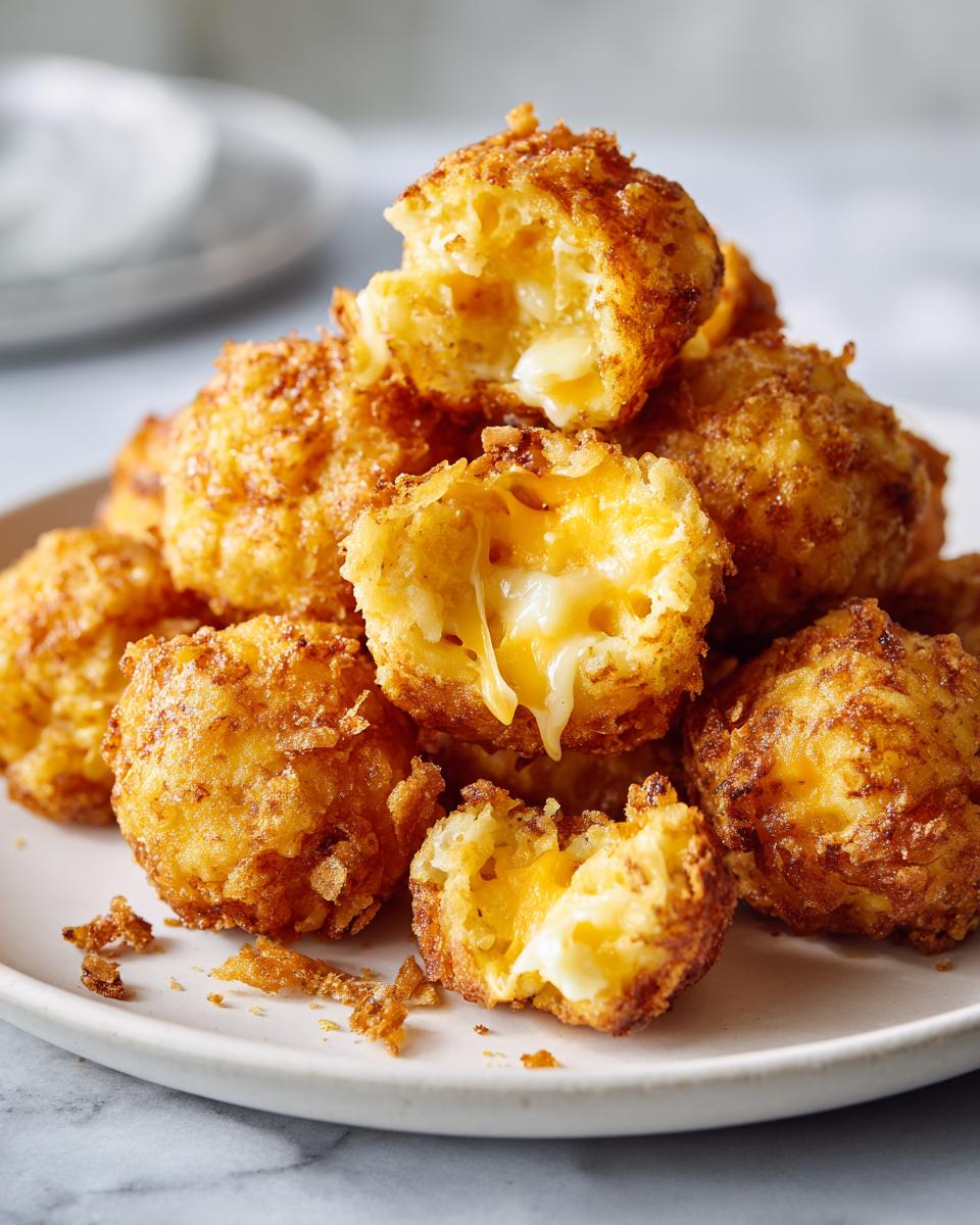 A pile of golden-brown Cheese Crunch Bites on a plate, with some broken open to reveal a gooey, melted cheese center.