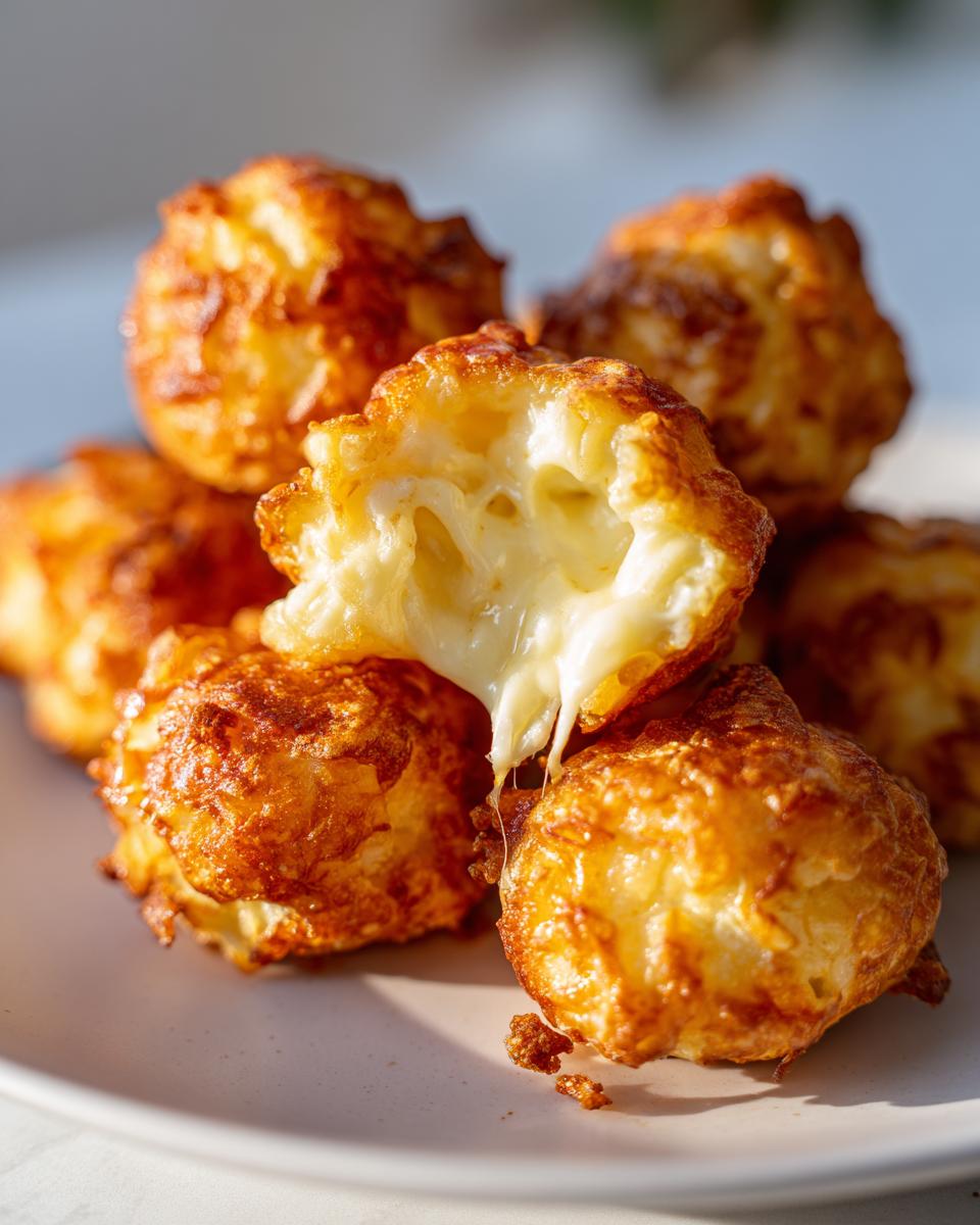 A close-up of golden-brown Cheese Crunch Bites, with one bitten open to reveal melted, gooey cheese inside.